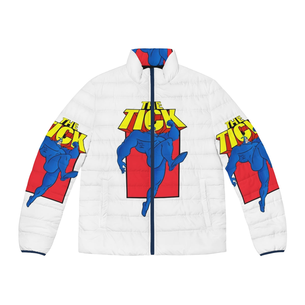 The Tick cartoon character puffer jacket with spoon emblem