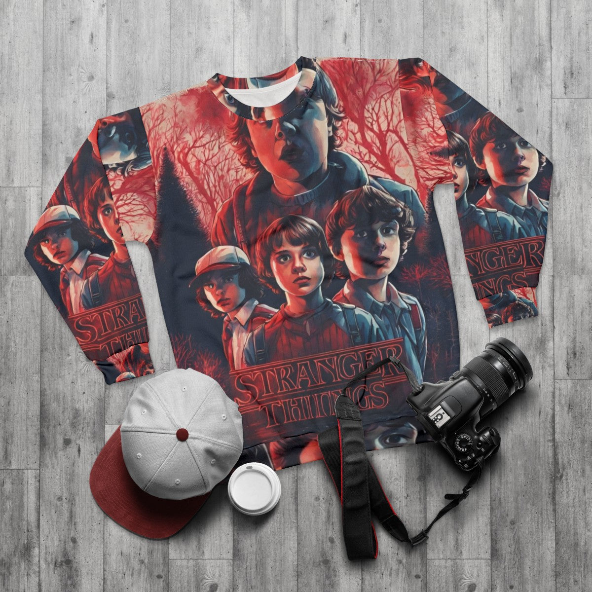 Stranger Things Sweatshirt with Characters and Upside Down Imagery - flat lay