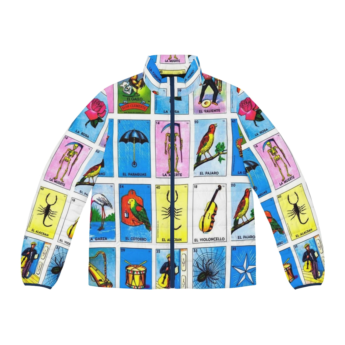 Colorful Mexican lottery bingo puffer jacket featuring various Mexican cultural symbols and animals