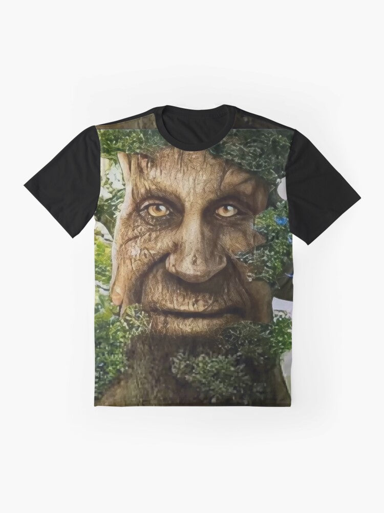 A graphic t-shirt featuring a wise, mystical tree meme design. - Flat lay