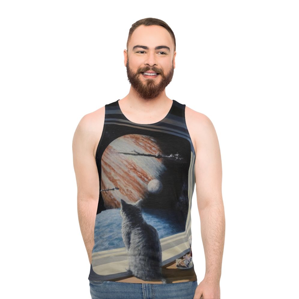 Unisex tank top with a space cat design - men