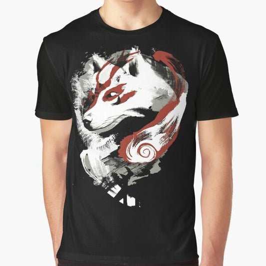 Wolf graphic design on a t-shirt with a retro, painterly style inspired by the video game Okami