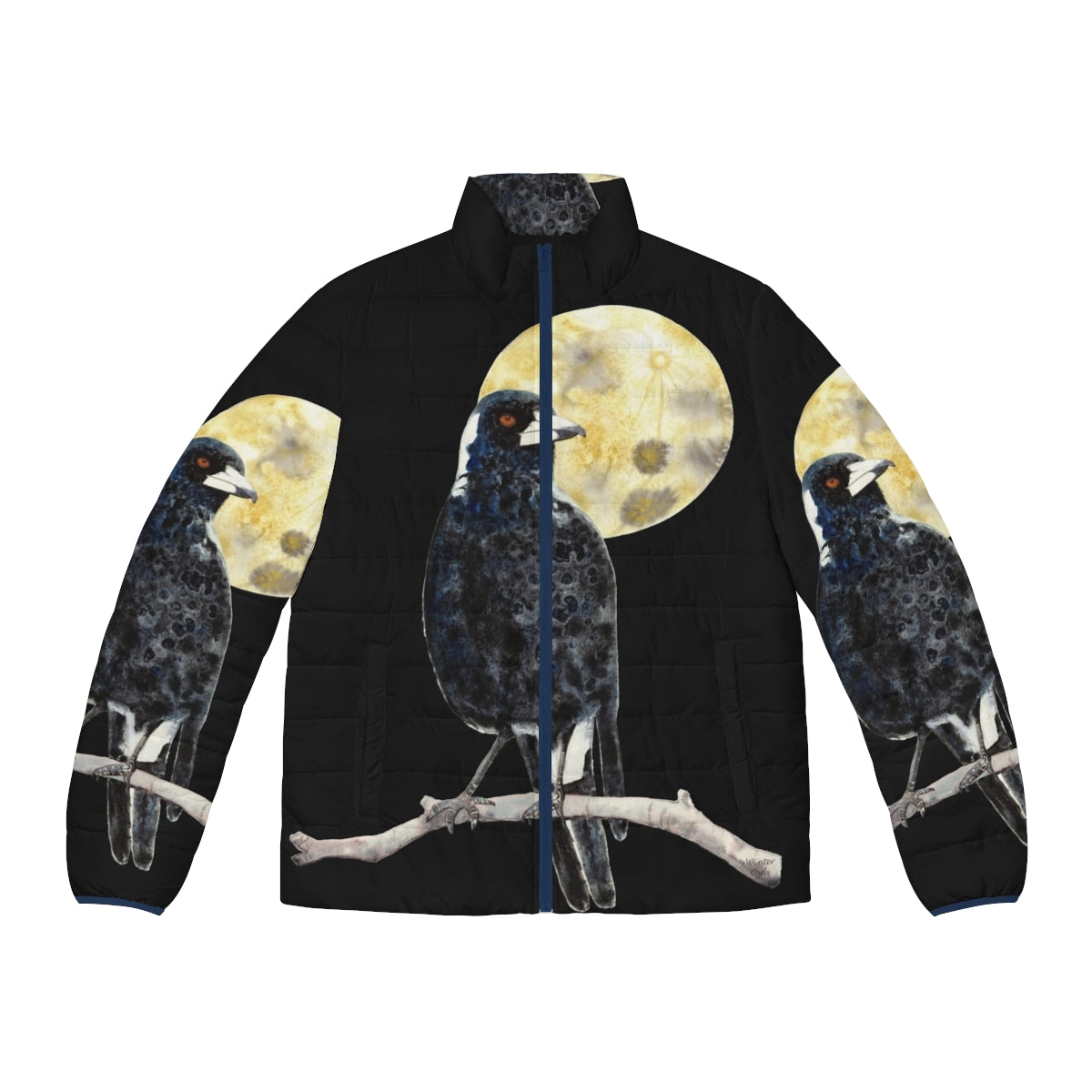 Moonlit Magpie Puffer Jacket featuring an illustration of an Australian magpie