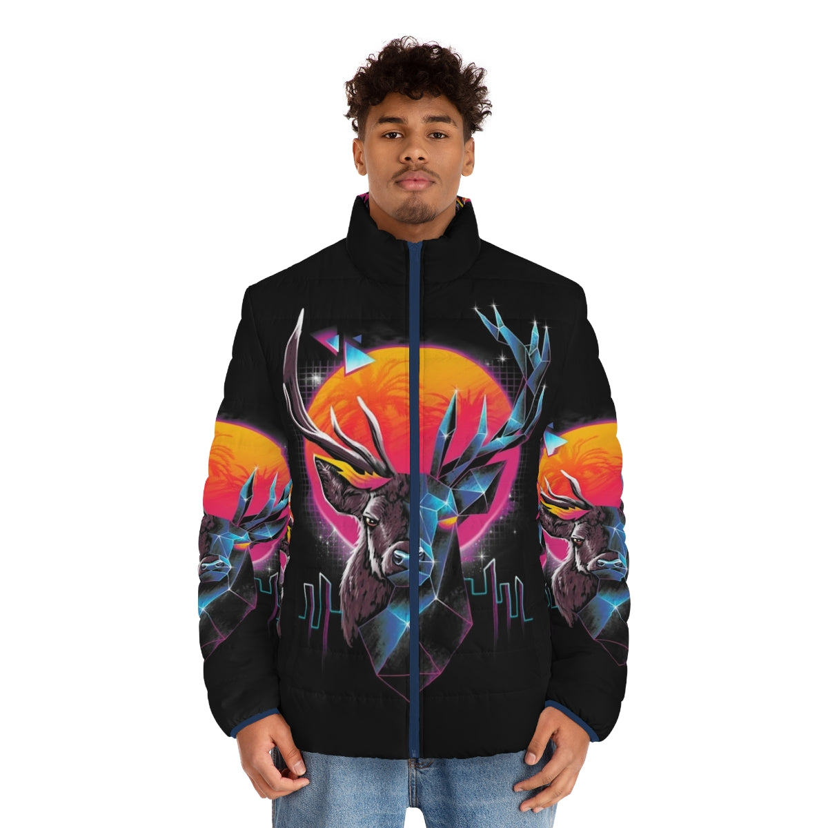 Rad Stag Puffer Jacket with cyberpunk animal print design - men front