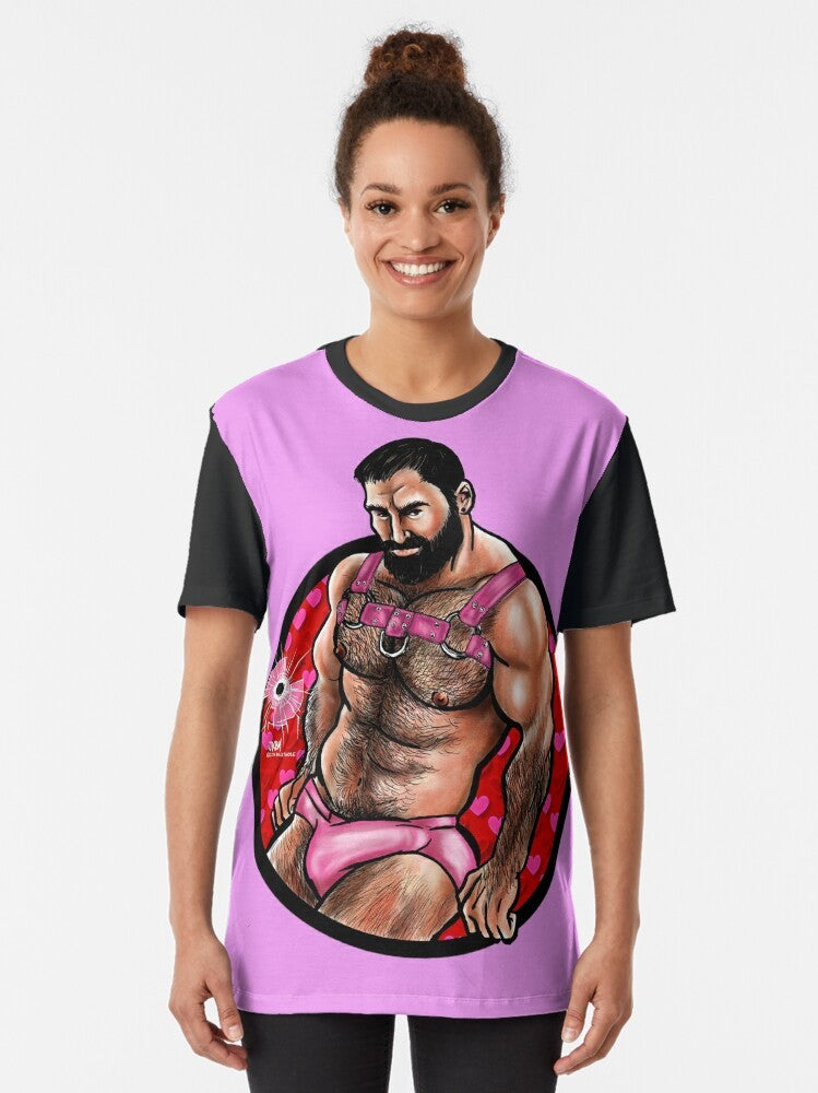 Muscular bearded man wearing a graphic t-shirt with a "Bullet Hole Love" design for Valentine's Day - Women