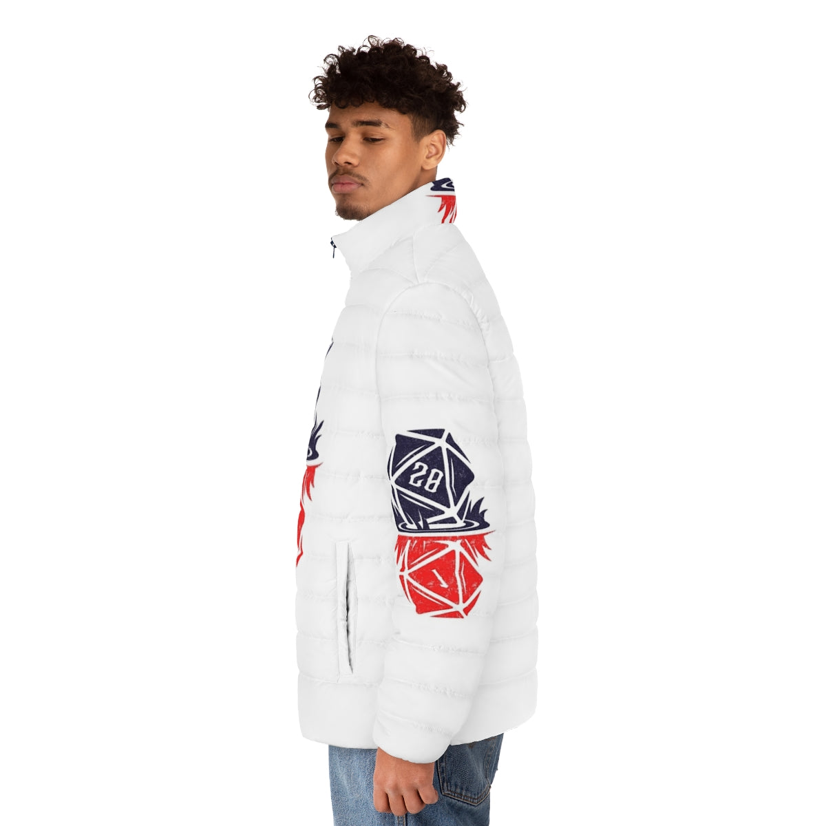 Stranger Things Upside Down D20 Puffer Jacket with Retro Gaming Dice Design - men side left