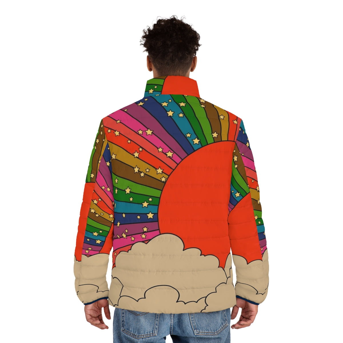 Vibrant rainbow-colored puffer jacket with a 70s groovy style - men back