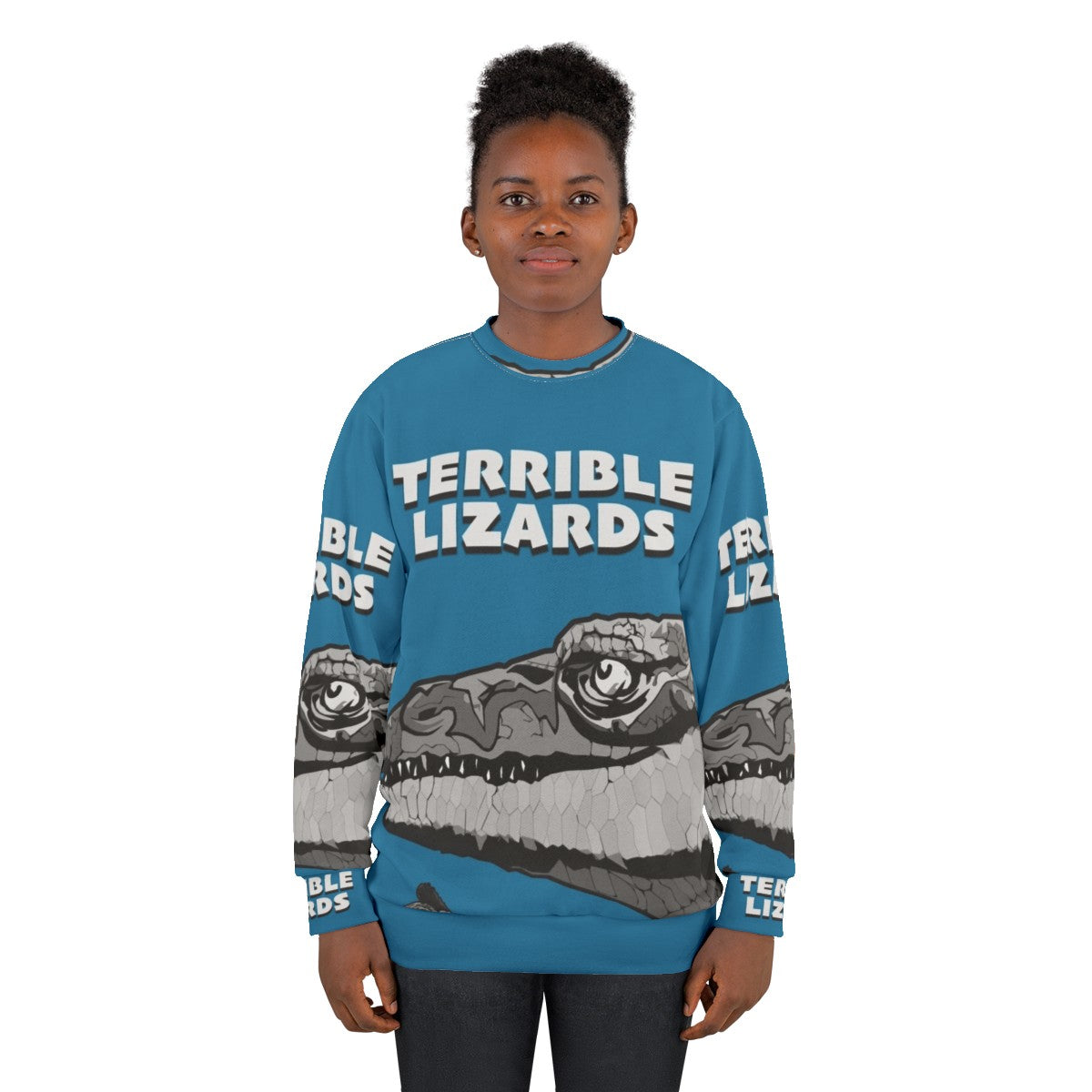 Prehistoric dinosaur sweatshirt with "Terrible Lizards" design - women