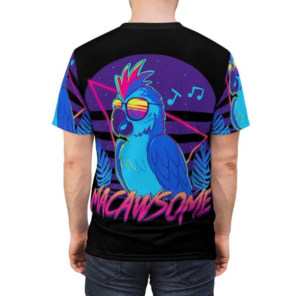 Closeup of a vibrant macaw parrot against a tropical background on an all-over-print t-shirt. - men back