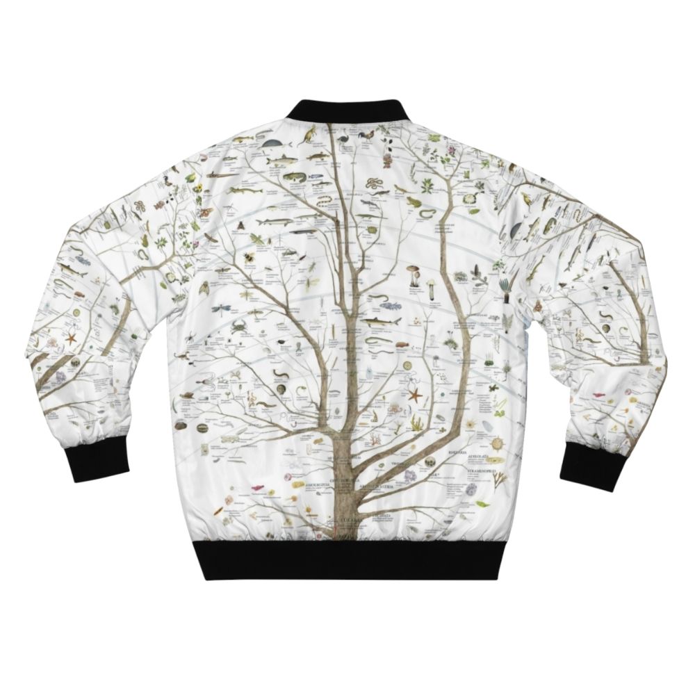 Stylish bomber jacket featuring a tree of life design with birds and dinosaurs, representing the evolution of life on Earth. - Back