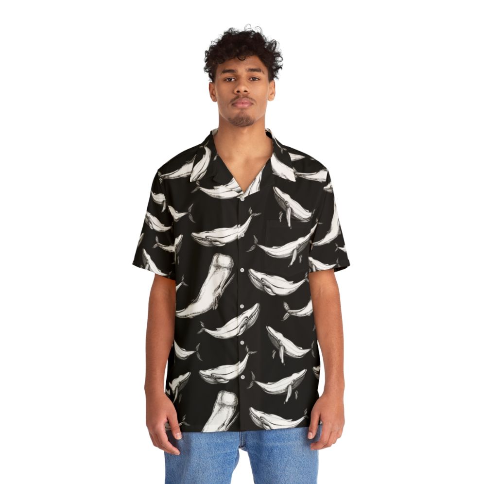 Whales in Black and White Hawaiian Shirt Seamless Pattern - People Front