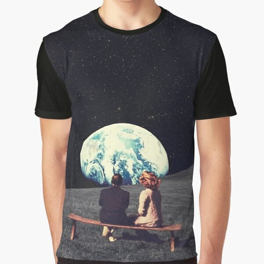 Vintage surreal collage t-shirt design featuring a couple waiting in a surreal, space-themed landscape with the Earth in the background.