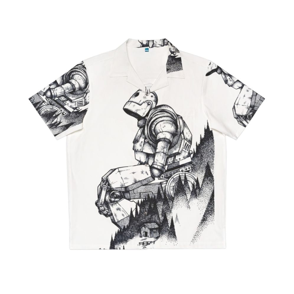 Iron Giant Hawaiian Shirt with Pointillism Design and Nature Imagery