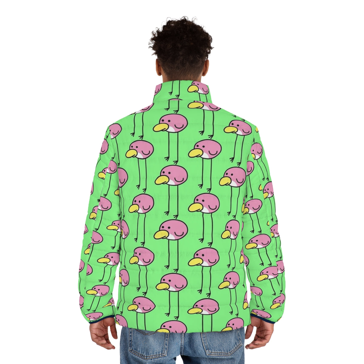 Flock Step Puffer Jacket featuring bird-themed design inspired by Nintendo's Rhythm Heaven series - men back