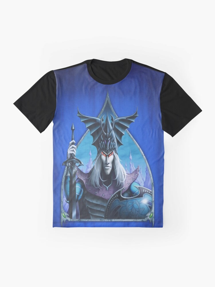 Elric at the End of Time graphic t-shirt featuring fantasy character Elric, created by author Michael Moorcock and artist Rodney Matthews. - Flat lay