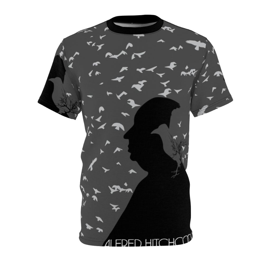 Vintage-style t-shirt design featuring Alfred Hitchcock's classic film "The Birds"