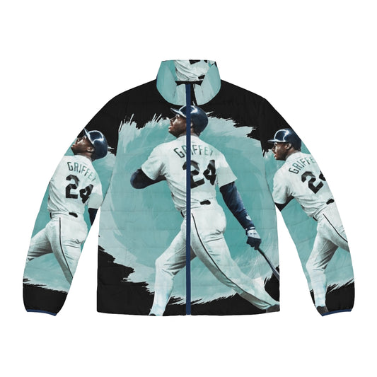 Ken Griffey Jr wearing a puffer jacket with the Seattle Mariners logo