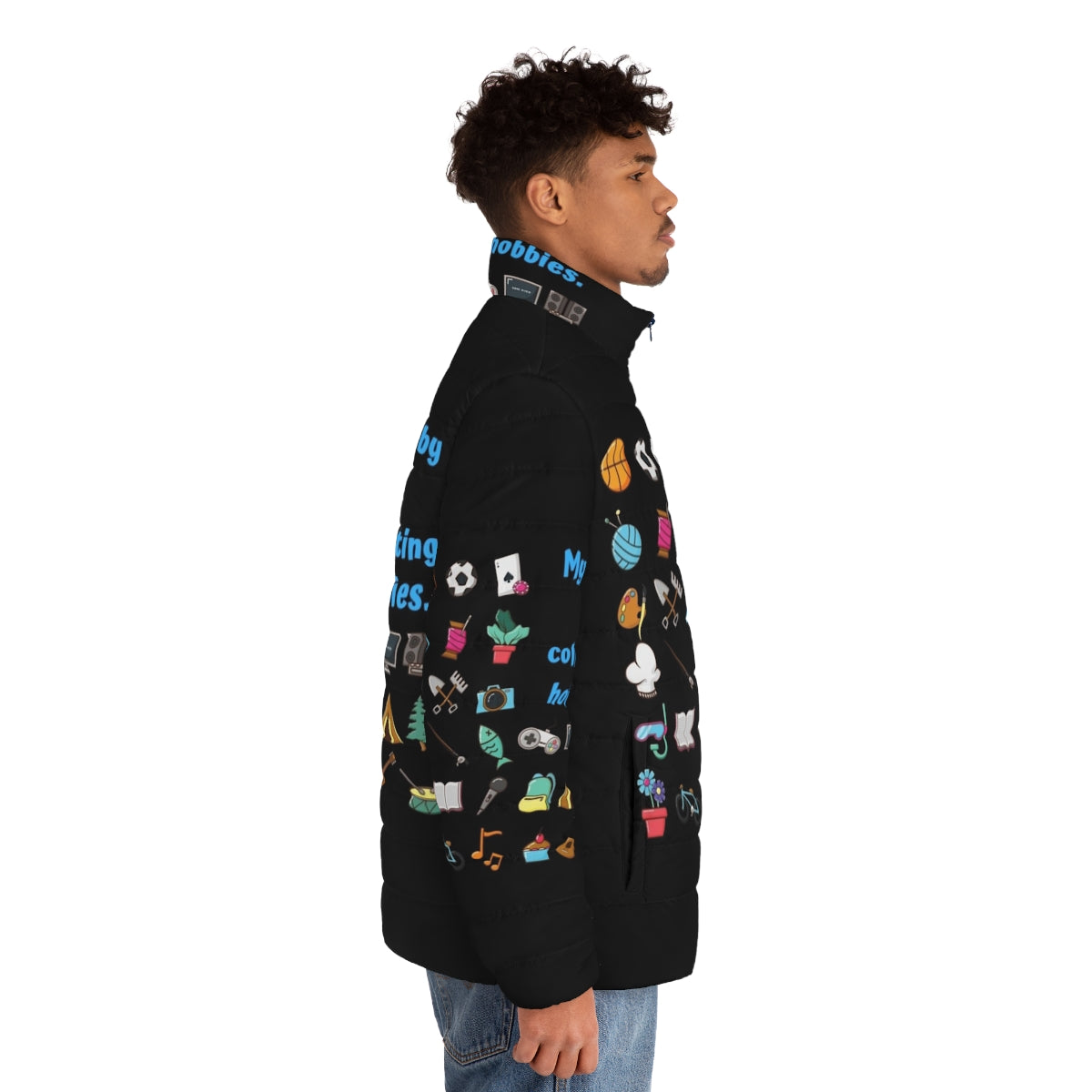 "My Hobby Is Collecting Hobbies" puffer jacket with various hobby icons - men side right