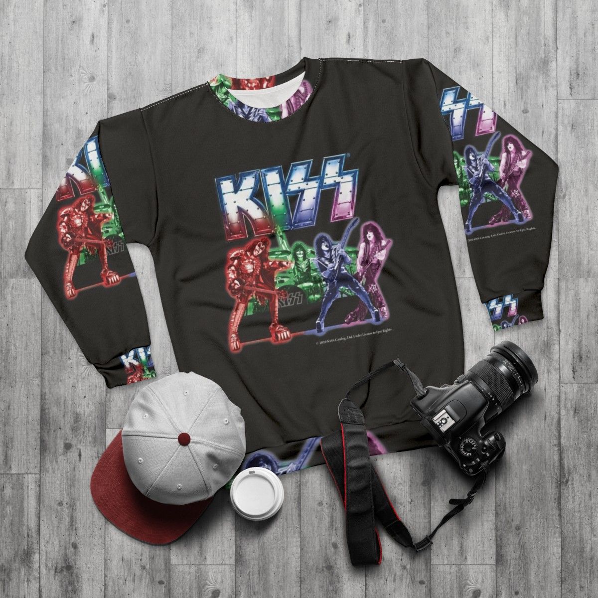 Kiss band sweatshirt with iconic band logo and members - flat lay