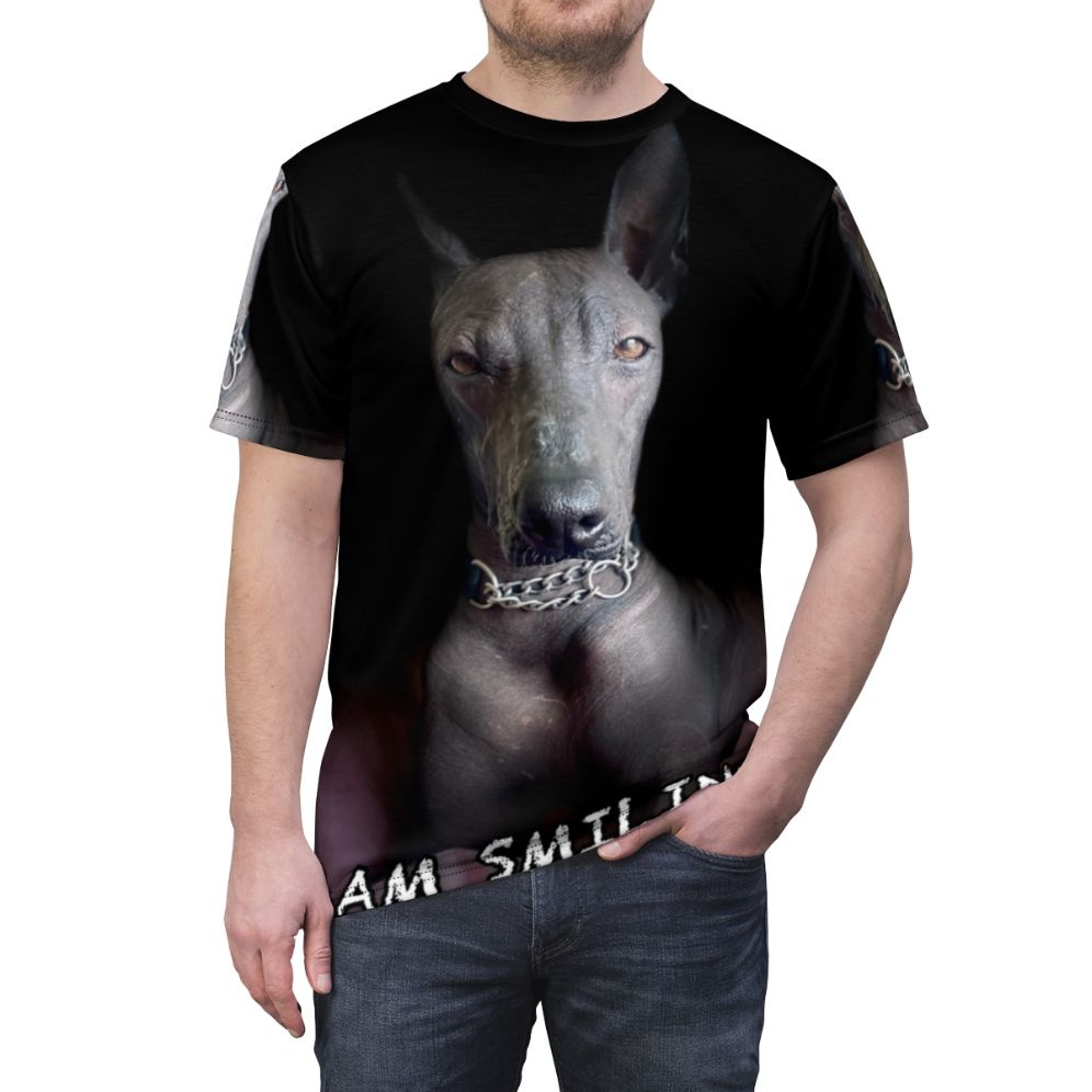 Stylish t-shirt featuring a graphic design of a Mexican Hairless dog, also known as a Xoloitzcuintle or Xolo. - men front