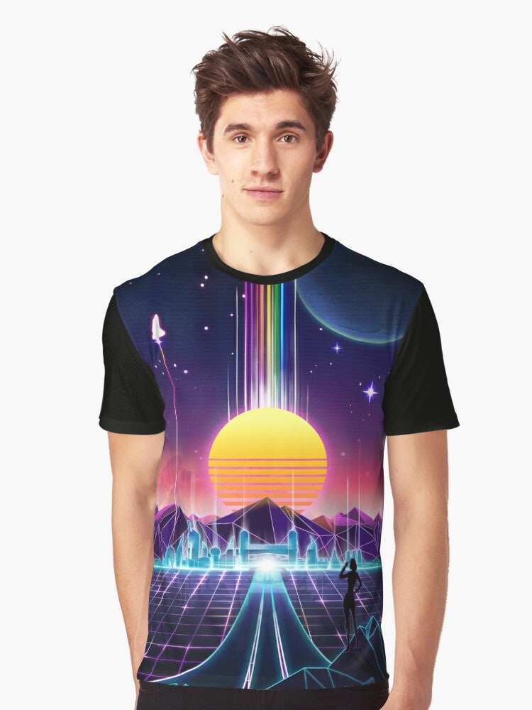 Neon Sunrise Graphic T-Shirt with Retro Vaporwave Design - Men