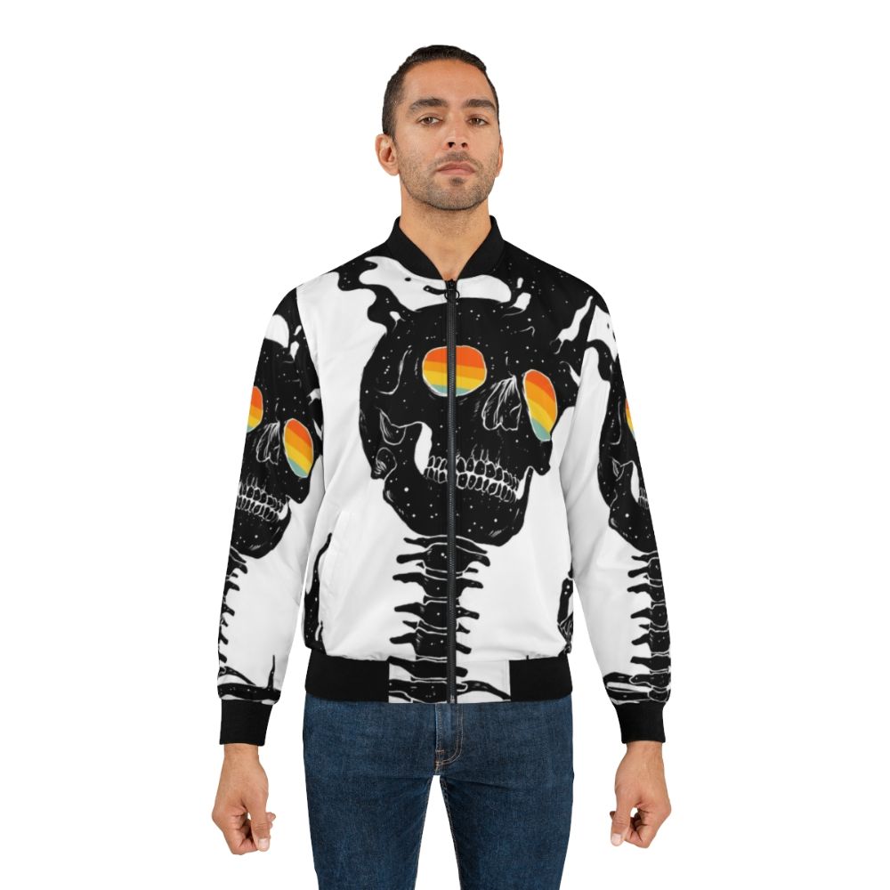 Existential Diffusion Cosmic Bomber Jacket featuring a skull, skeleton, stars, moon, and rainbow in a surreal space design - Lifestyle