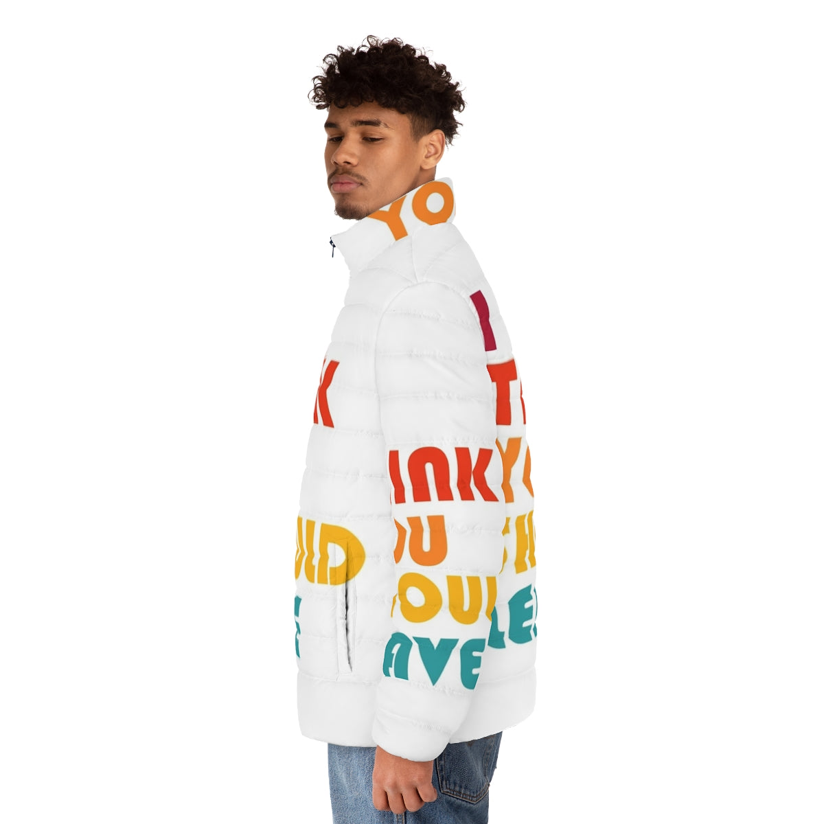 Retro-style "I Think You Should Leave" puffer jacket featuring graphic design inspired by the popular Netflix sketch comedy series - men side left