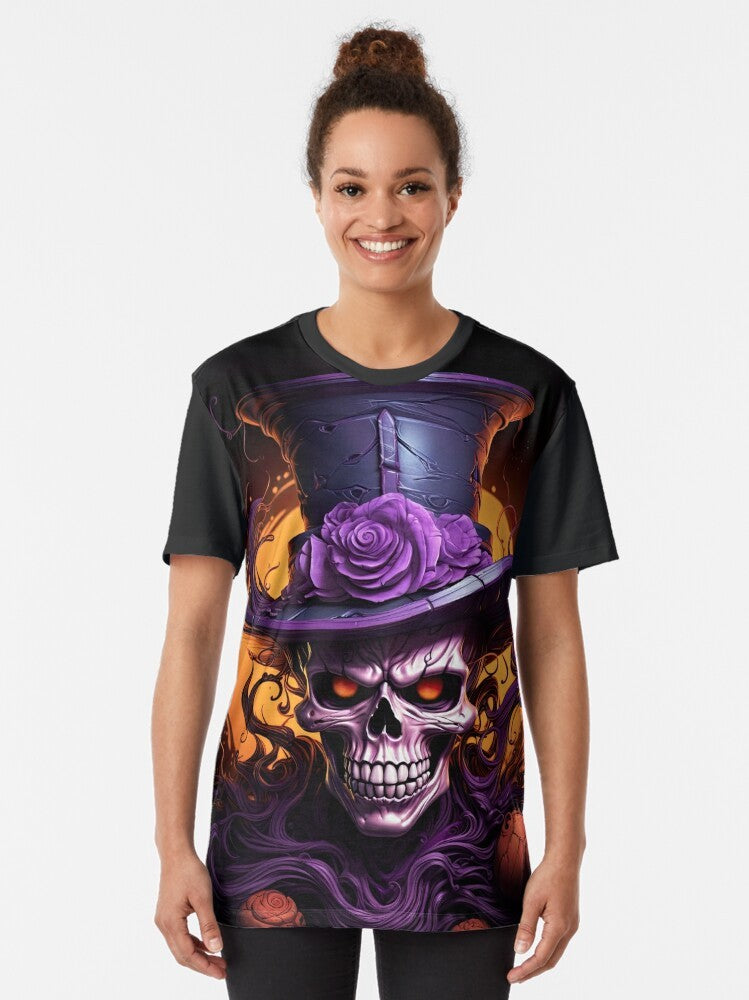 Punk skull with top hat in orange, purple, and black - a scary and spooky graphic t-shirt - Women