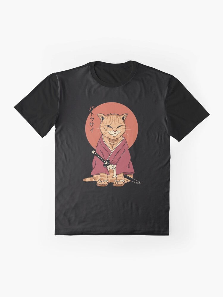 Neko Battousai graphic t-shirt featuring a cat samurai with a sword against a Japanese art inspired background - Flat lay