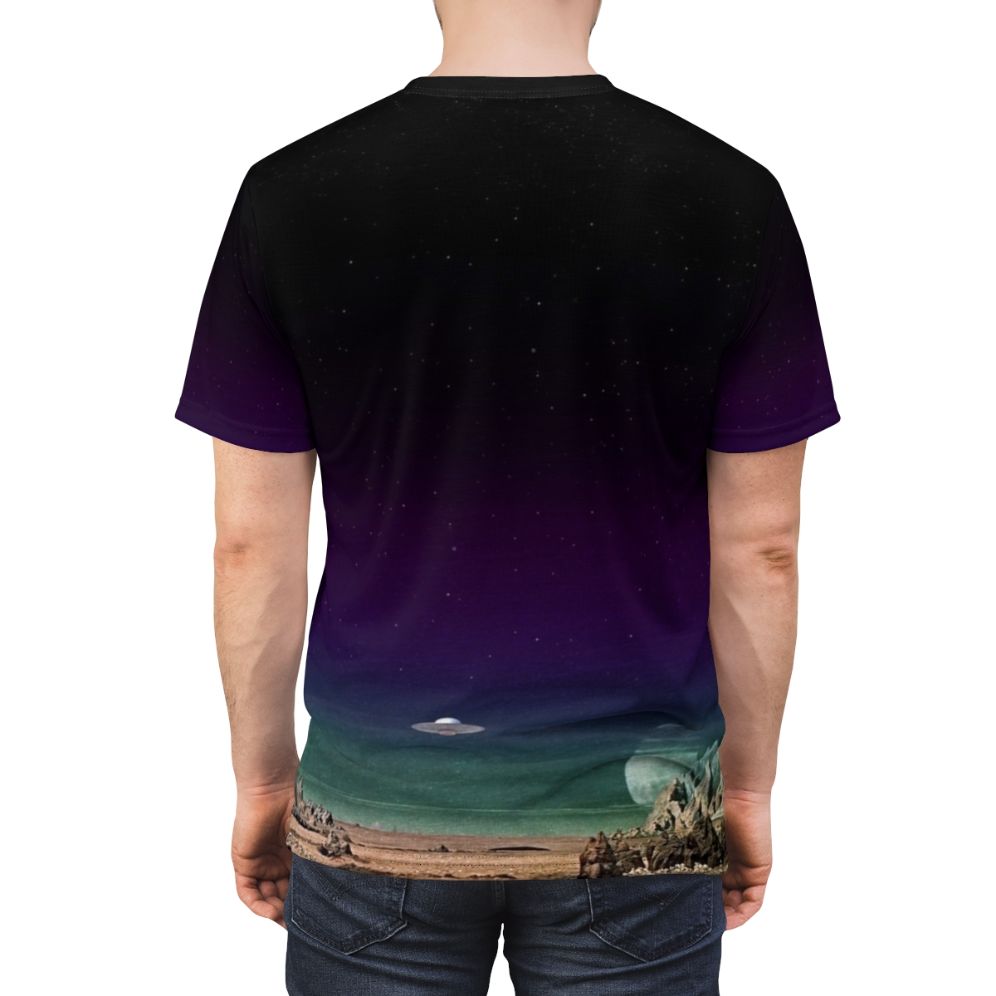 Futuristic sci-fi inspired t-shirt with retro space exploration graphics - men back