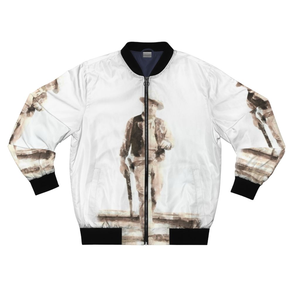 A watercolor-style illustration of a classic John Wayne bomber jacket, featuring the iconic "The Duke" nickname and Western/Americana imagery.