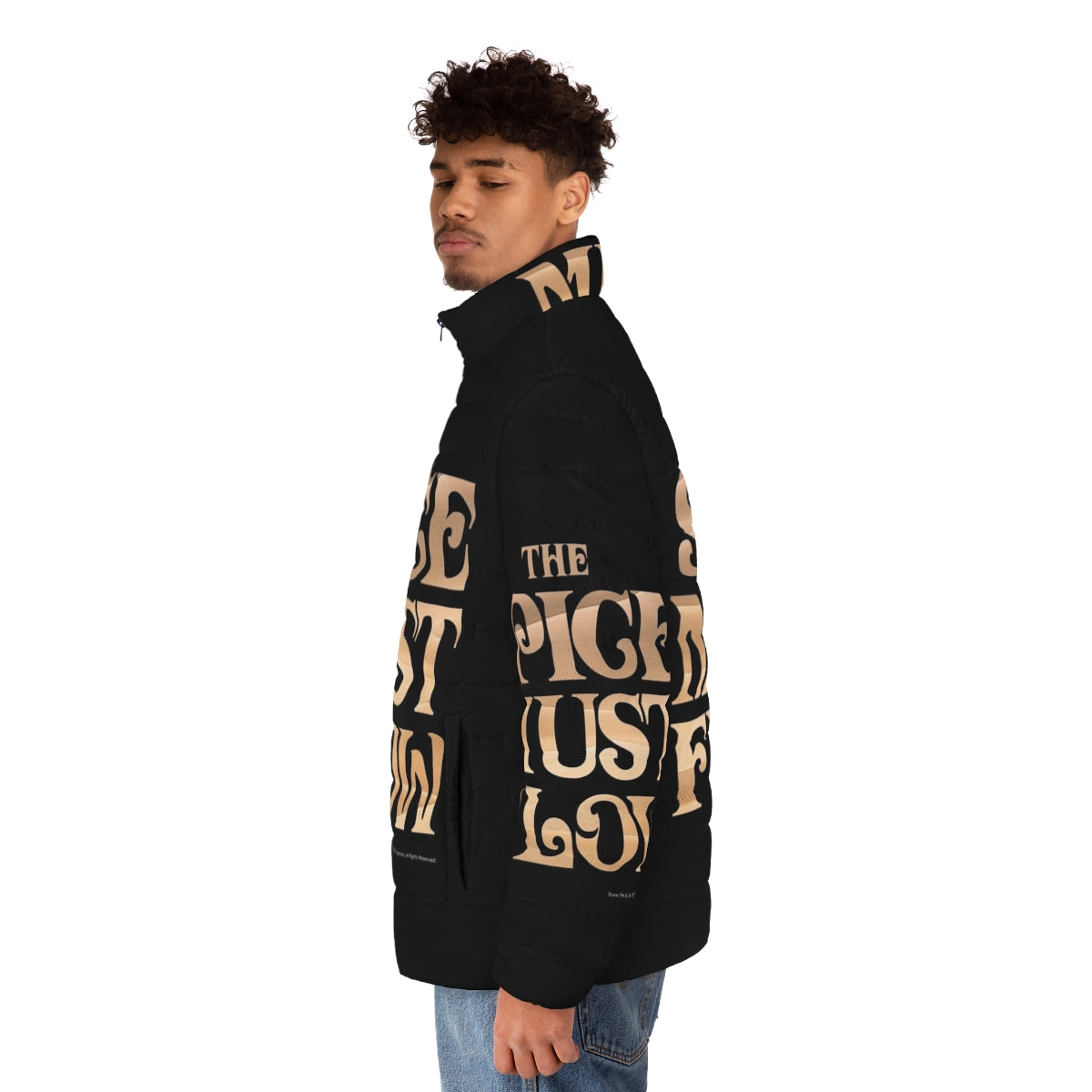 Dune movie puffer jacket featuring the Dune logo and symbols - men side left