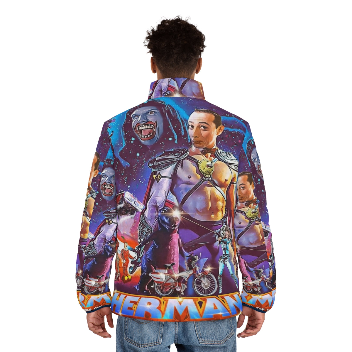 Peewee Harman-inspired puffer jacket with Masters of the Universe graphics - men back