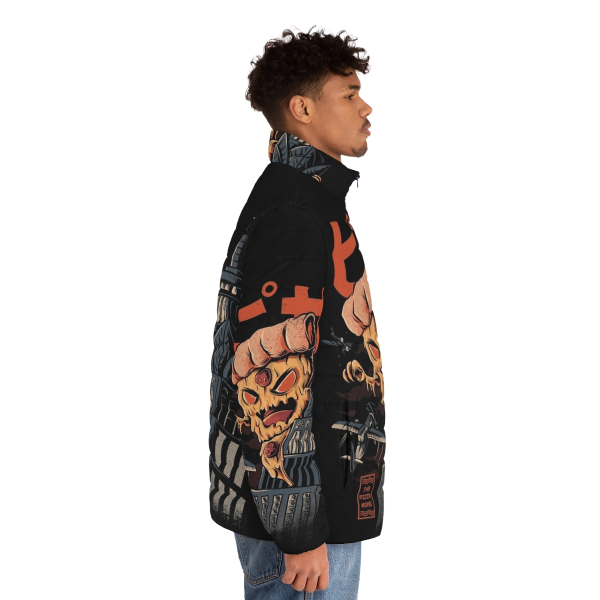 Retro Pizza Kong Puffer Jacket with Japanese Kaiju and Monster Inspired Design - men side right