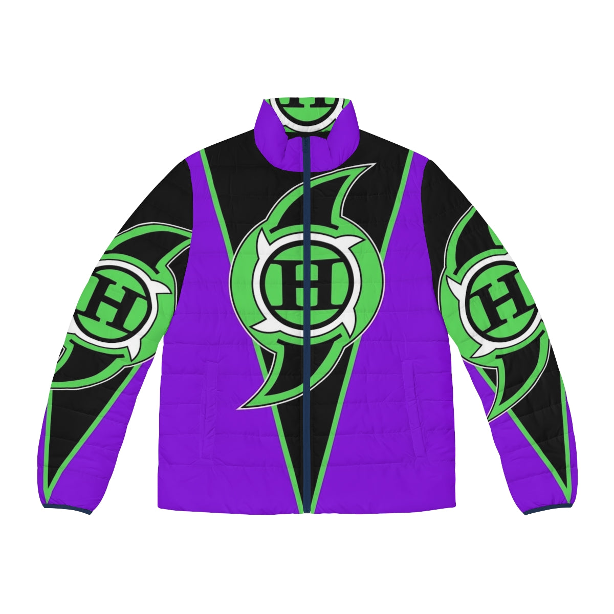 A classic purple puffer jacket with a hurricane logo, perfect for wrestling fans and cosplay