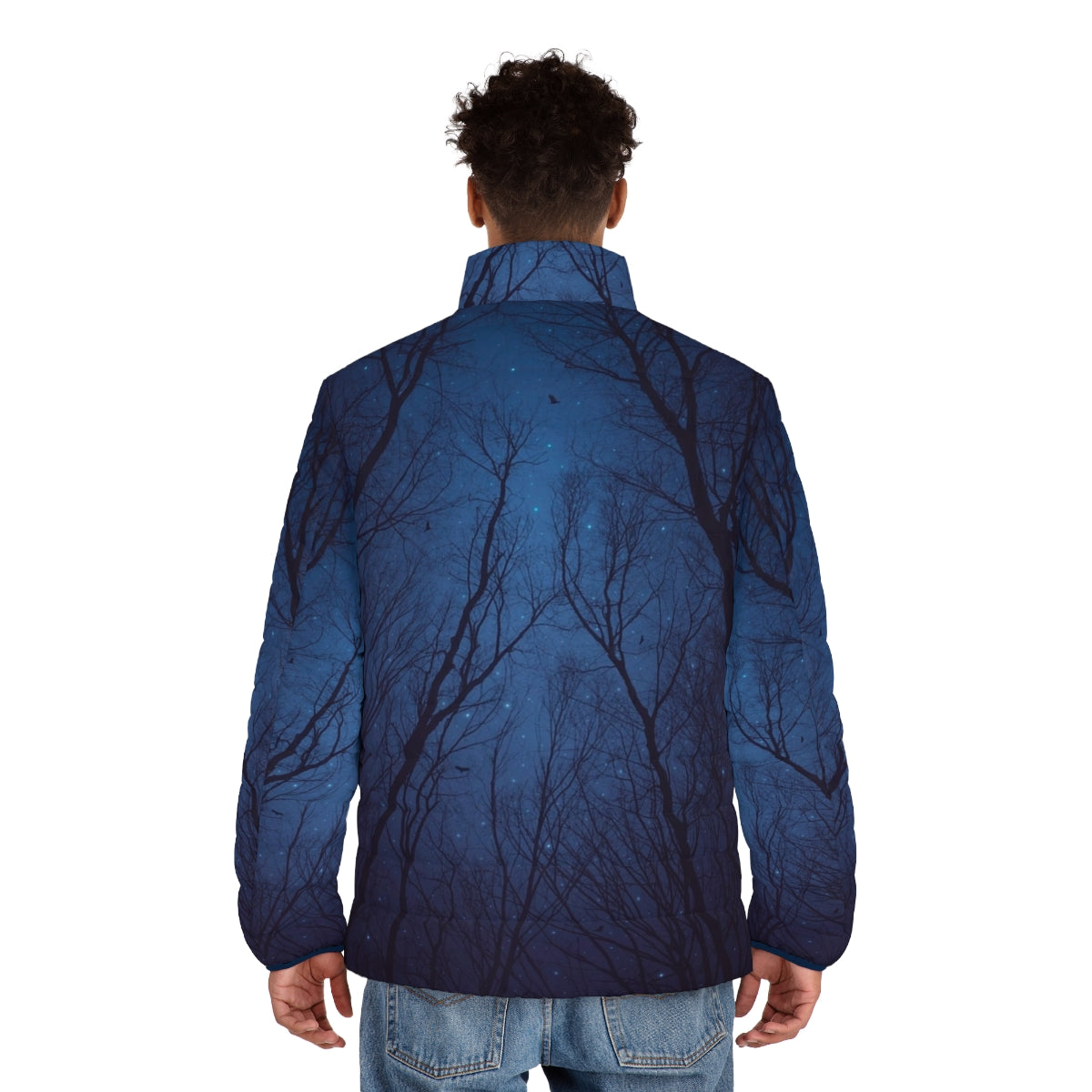 Puffer jacket with a cosmic design featuring a starry night sky, nebula, and abstract tree silhouettes - men back