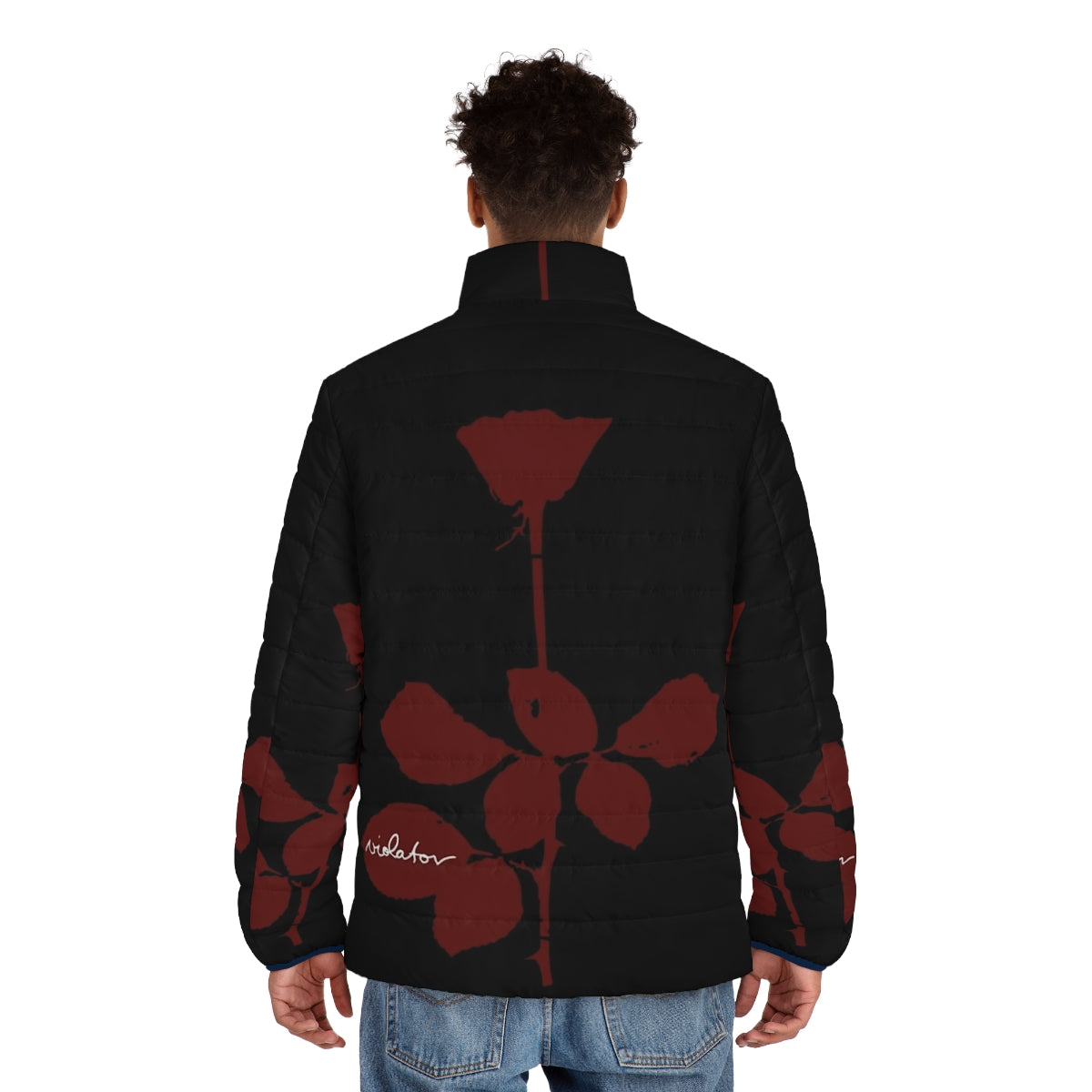 A cozy puffer jacket featuring a rose design, perfect for music lovers and best friends - men back