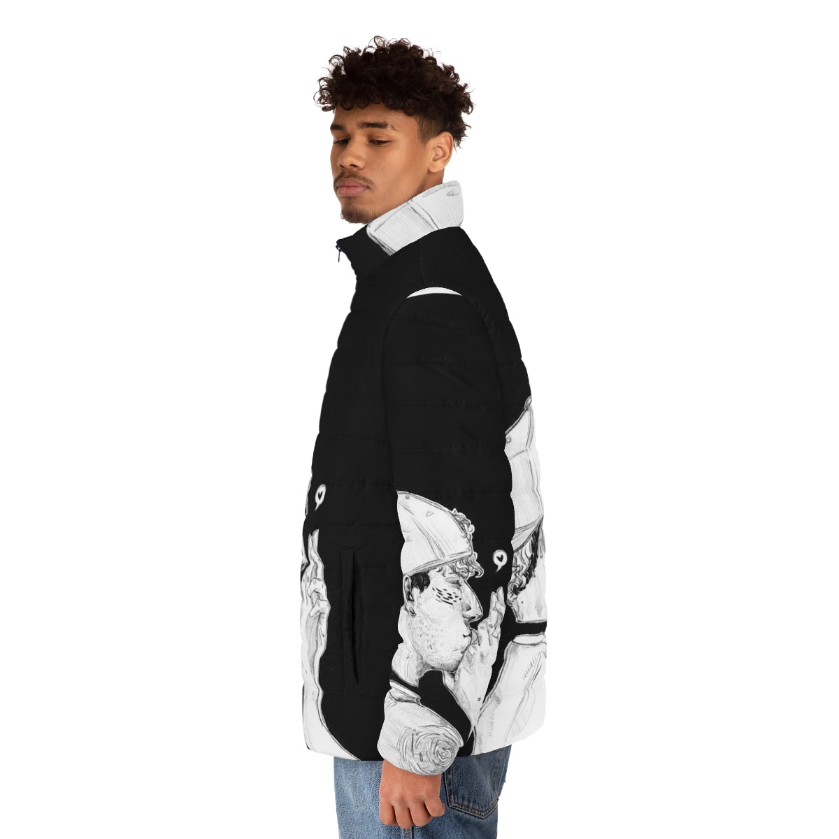 Dun puffer jacket featuring band logo and drumstick graphic - men side left