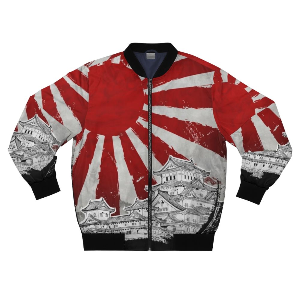 A Japanese-inspired bomber jacket with a bold, brushed red rising sun design.