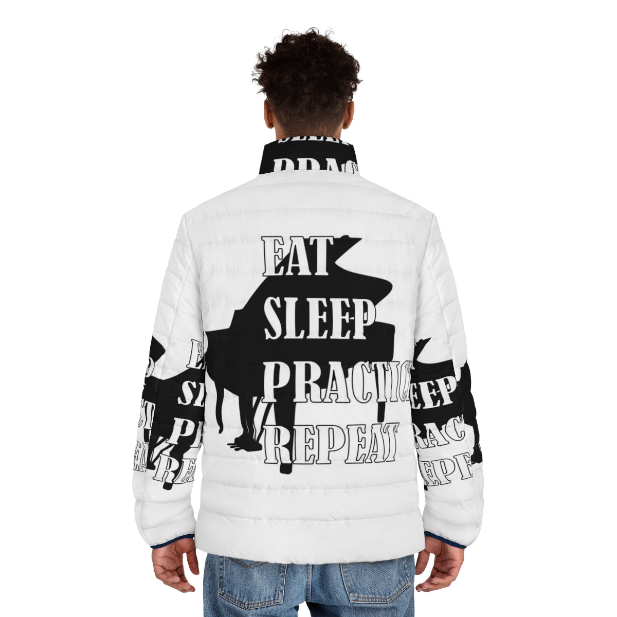 Piano puffer jacket with the words "Eat Sleep Practice Repeat" for music enthusiasts - men back