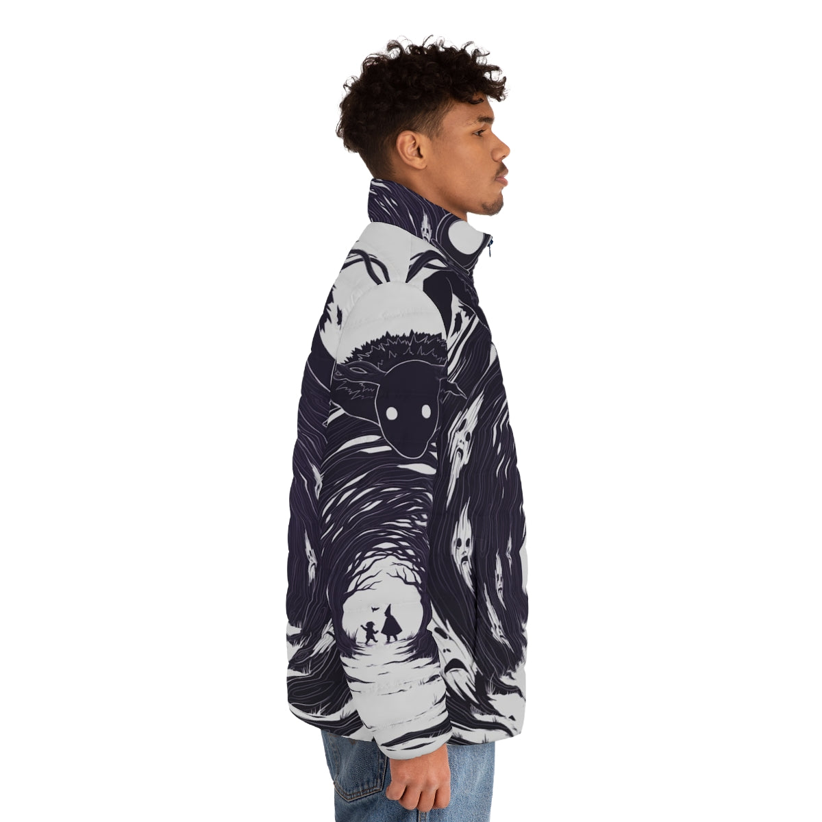 Over the Garden Wall inspired puffer jacket with fantasy forest and spooky autumn elements - men side right