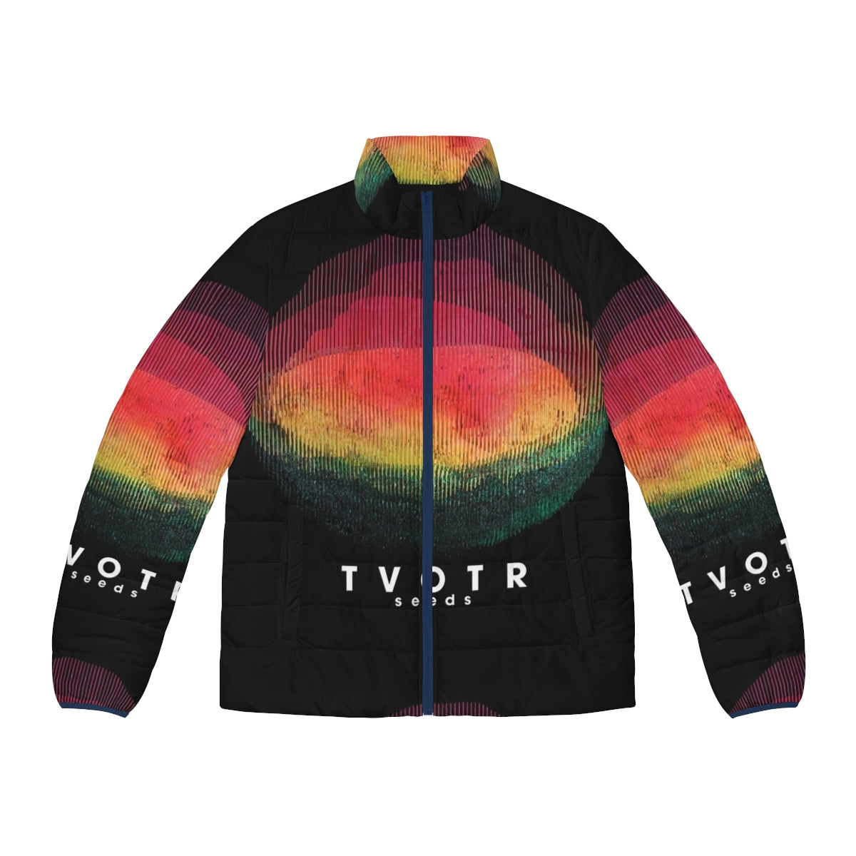 Warm puffer jacket featuring the TV on the Radio logo and tour dates