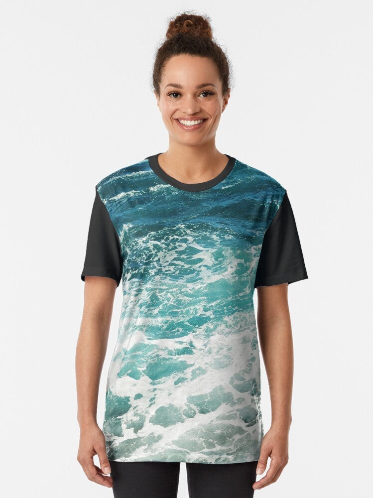 Blue and white abstract ocean waves graphic t-shirt - Women