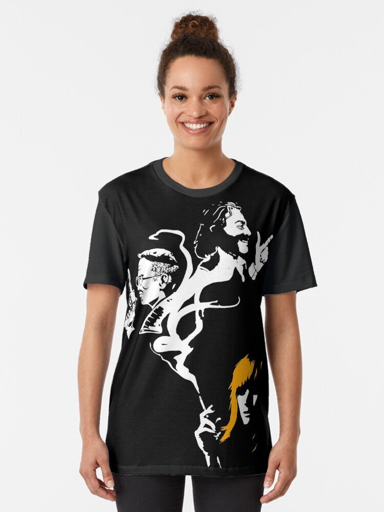 Disco Elysium noir-inspired graphic t-shirt featuring moody, black and smoke design with key characters like Harrier Du Bois, Kim Kitsuragi, and Harry. - Women