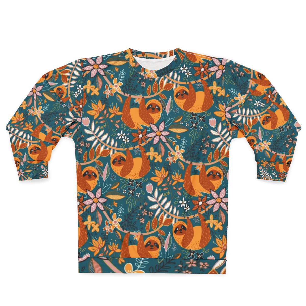 Boho floral sloth sweatshirt with teal, orange, and blush colors