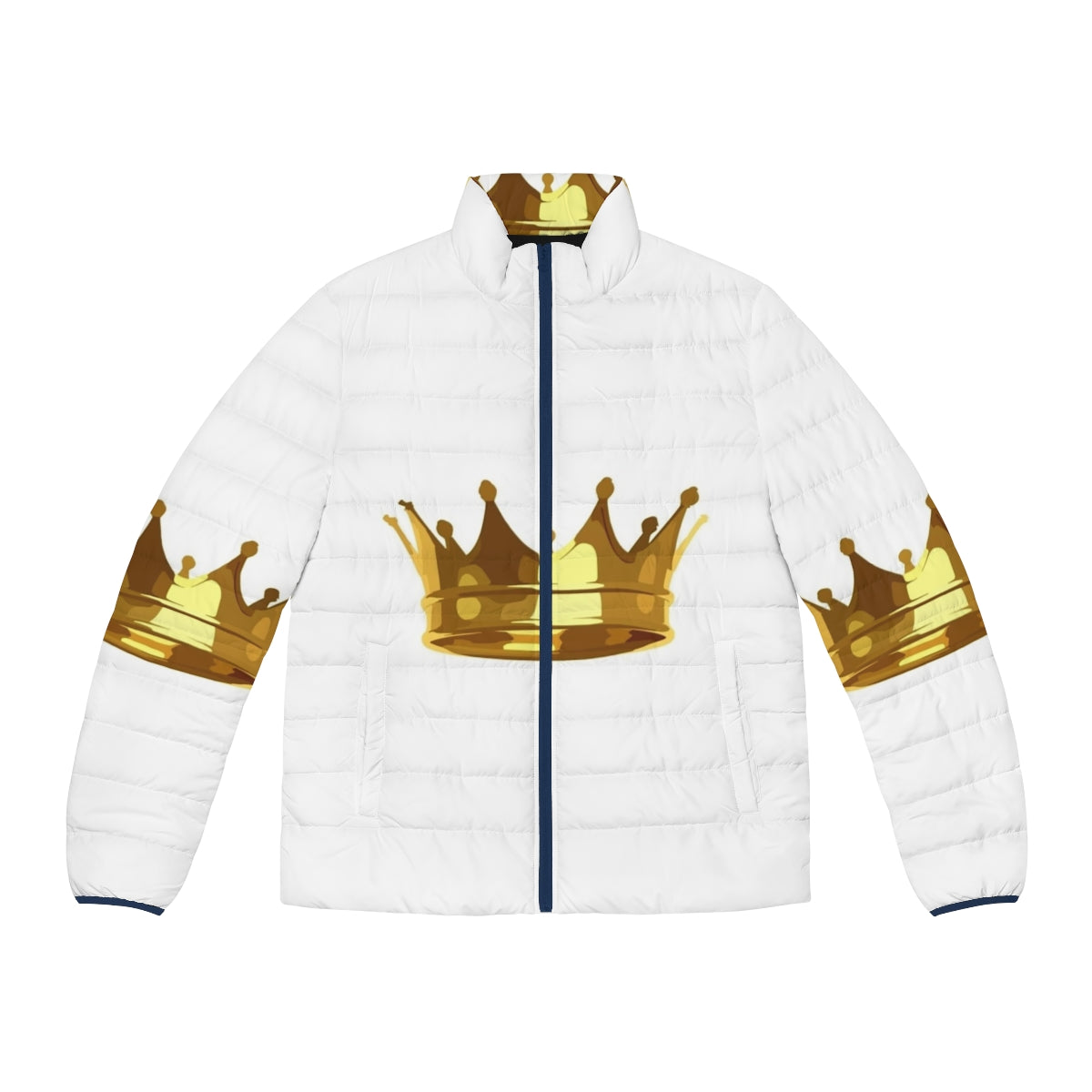 A golden puffer jacket with a regal crown design