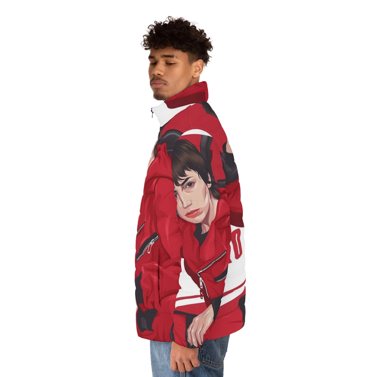 Tokyo puffer jacket with Money Heist anime-style design - men side left