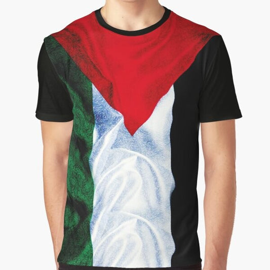 Palestinian flag graphic printed on a t-shirt, featuring the iconic colors and design of the Palestinian national flag.