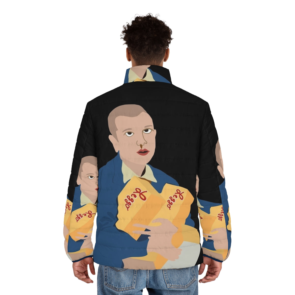 A pink puffer jacket featuring the Stranger Things character Eleven, with fan art design. - men back