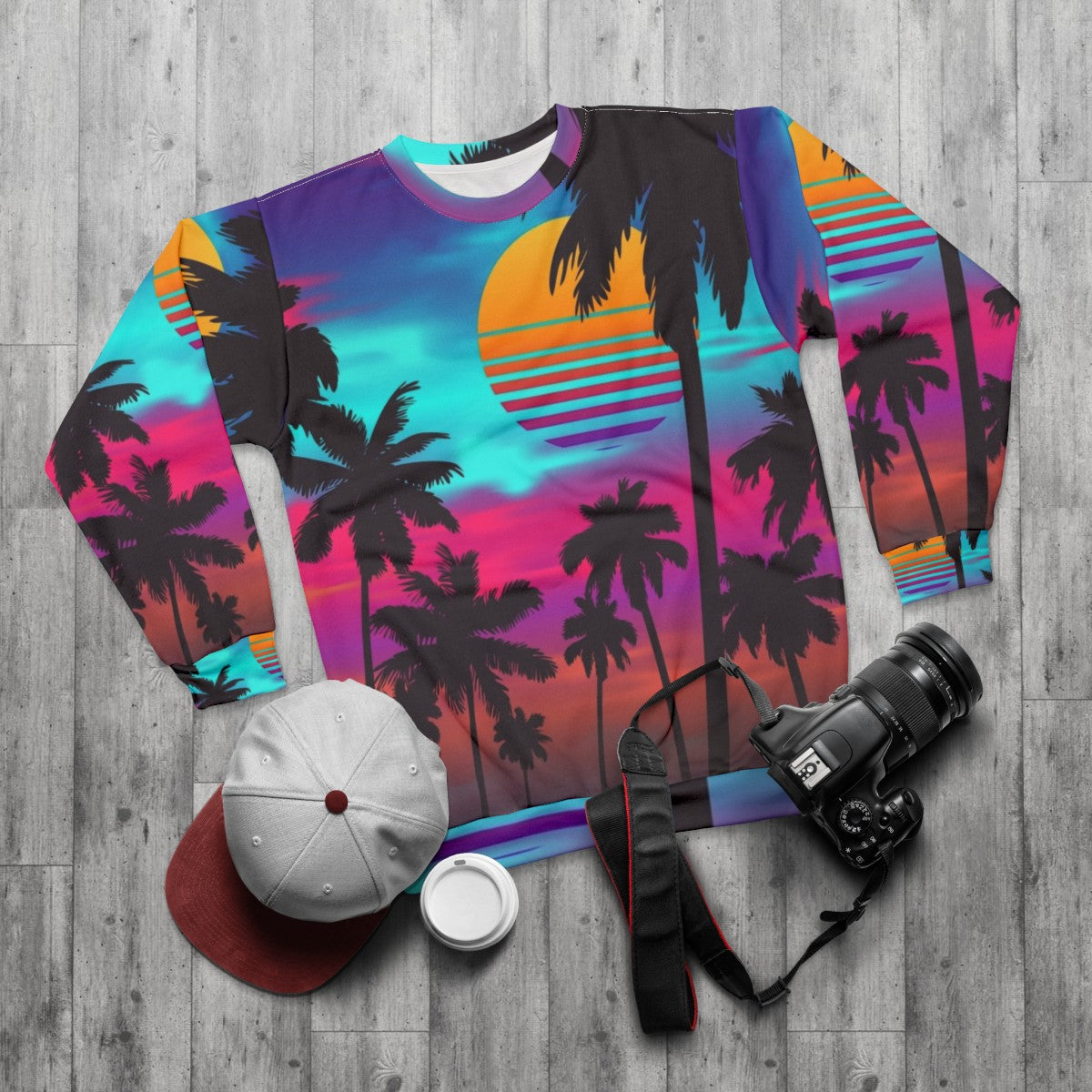 Crimson Sunset Synthwave Sweatshirt - flat lay